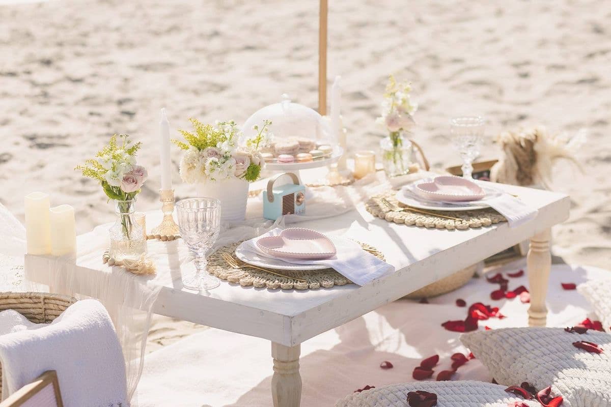 Elegant private beach setup for a proposal or celebration